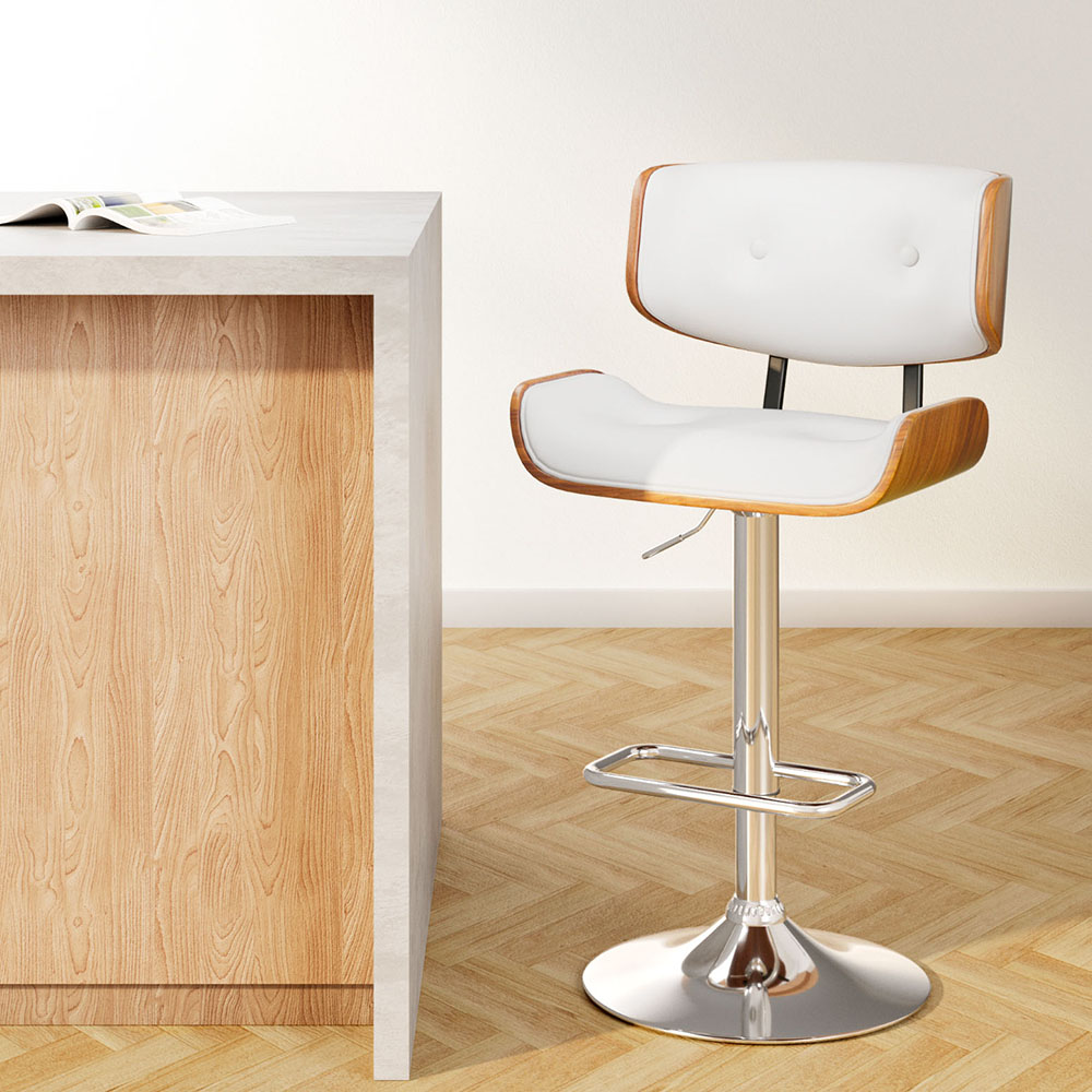 Ethan White Leather Bar Stool, Gas Lift, Modern Design