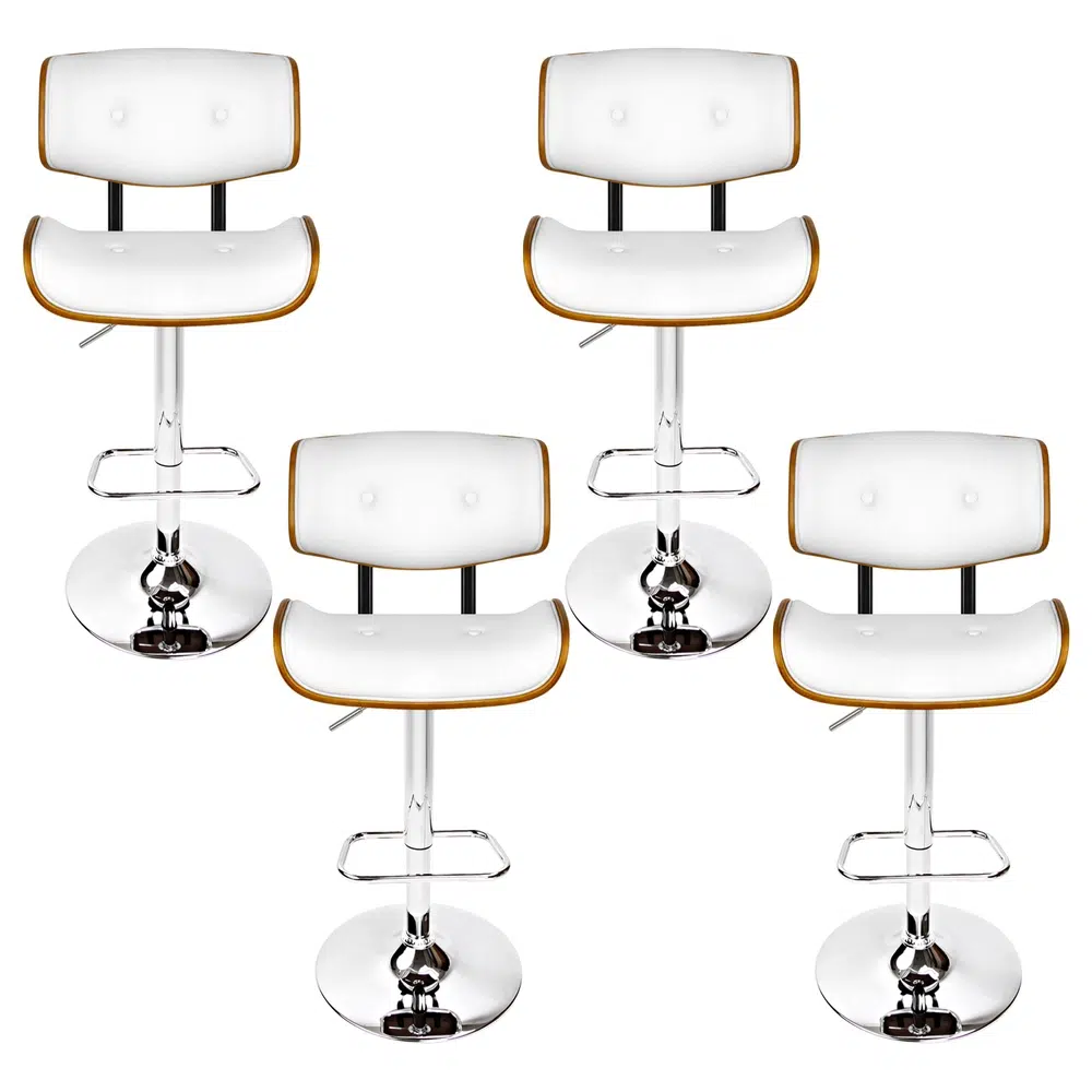 Ethan White Leather Bar Stool Set, Swivel, Adjustable, Wood Frame, 4 Pack