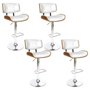 Ethan White Leather Bar Stool Set, Gas Lift, Wood Frame, 360 Swivel