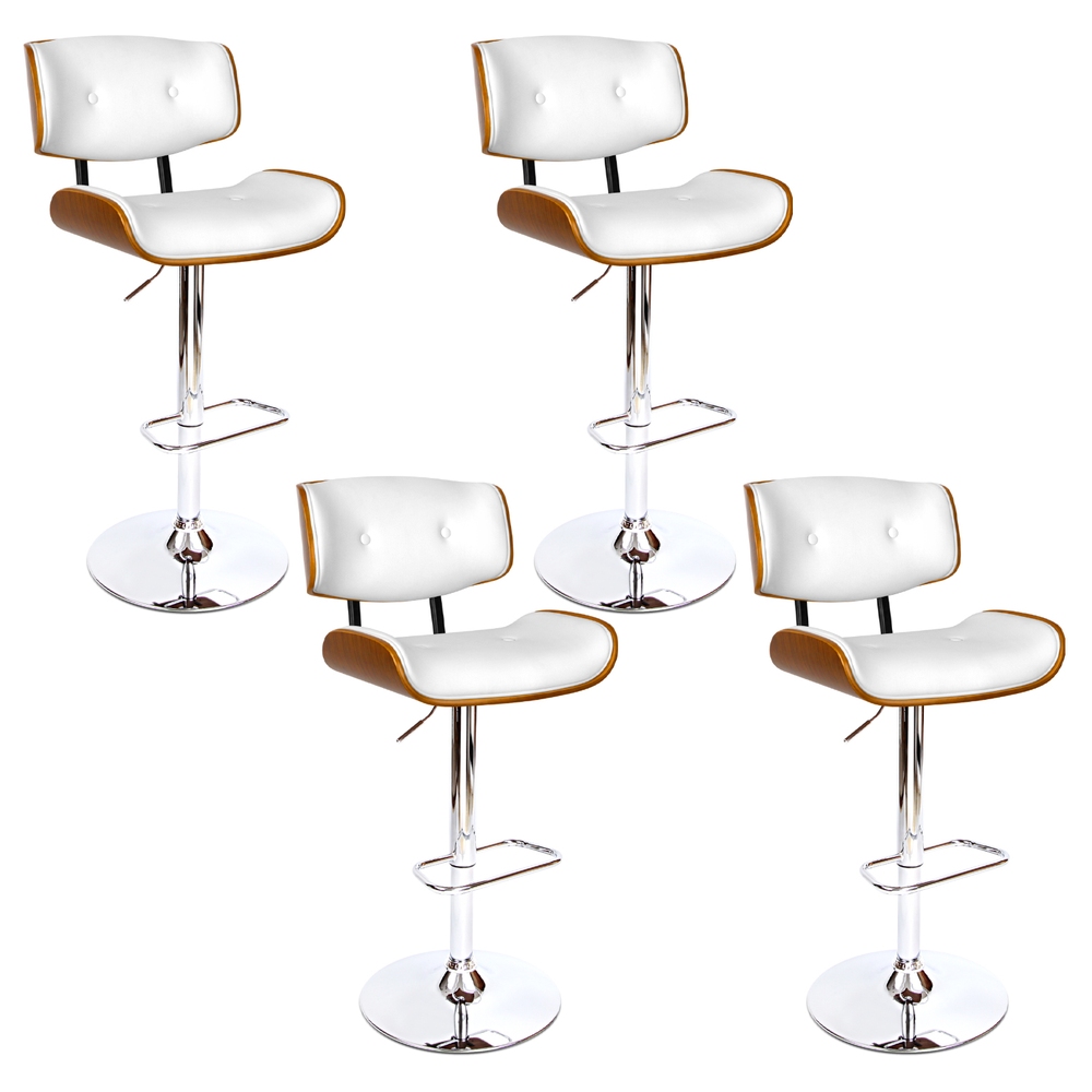 Ethan White Leather Bar Stool Set, Gas Lift, Wood Frame, 360 Swivel