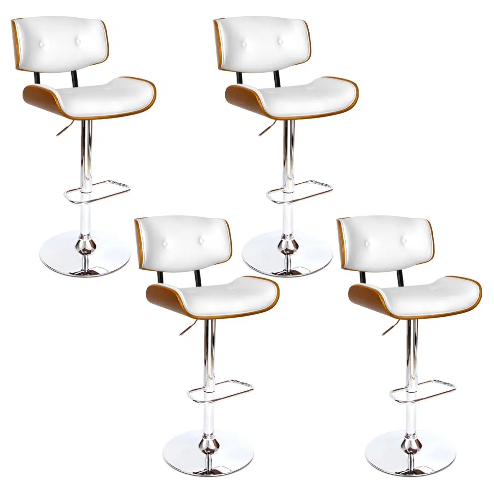 Ethan White Leather Bar Stool Set, Gas Lift, Wood Frame, 360 Swivel