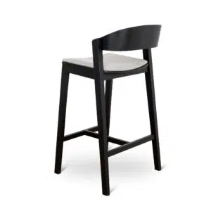 Modern black bar stool with grey fabric, ergonomic design, sturdy timber construction.