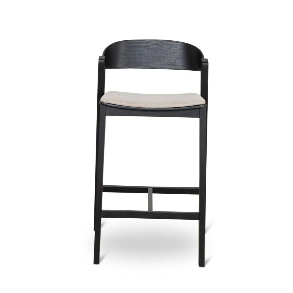 Modern black bar stool with grey fabric, ergonomic design, sturdy timber construction.