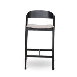 Modern black bar stool with grey fabric, ergonomic design, sturdy timber construction.