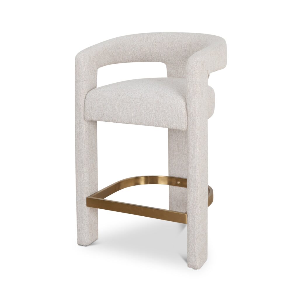 Vera Bar Stool Coastal Beige 65cm, sleek design, comfortable seating, gold footrest, 72% polyester 28% acrylic fabric.