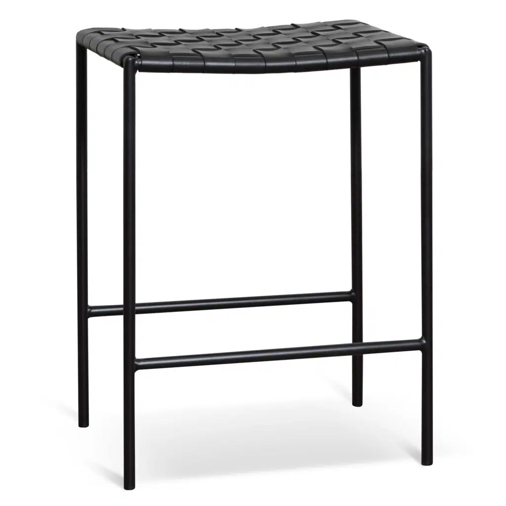 Mira Black Bar Stool Set Modern Woven Design Solid Steel Frame Leather Seat