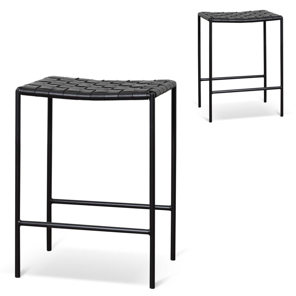Mira black bar stool set of 2, sleek modern woven design, leather upholstery, solid steel frame.