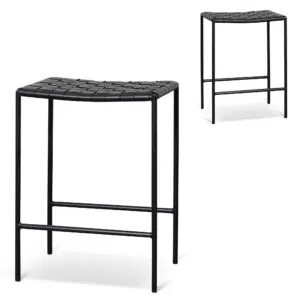 Mira black bar stool set of 2, sleek modern woven design, leather upholstery, solid steel frame.
