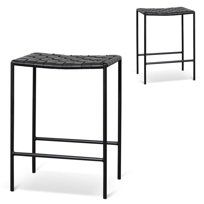 Mira black bar stool set of 2, sleek modern woven design, leather upholstery, solid steel frame.