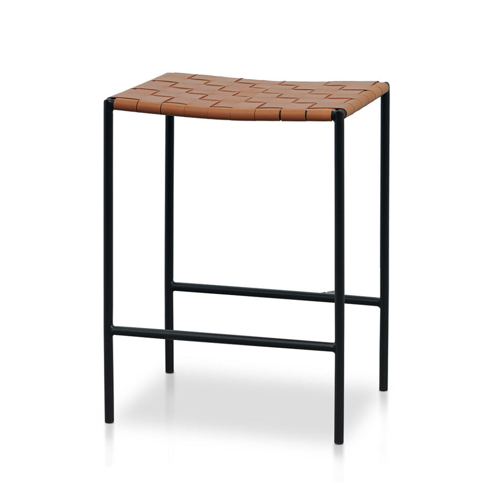 Black Frame Bar Stool Set Tan Leather Modern Design Stable Legs Non-Skid Protection