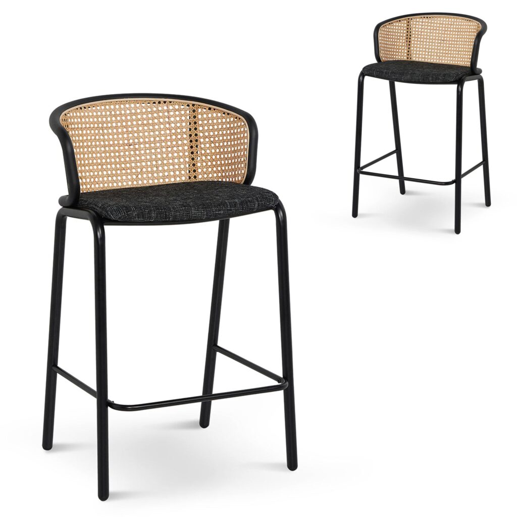 Luna stool set: grey fabric, black legs, woven design