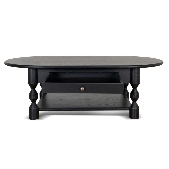 Rhea Oval Coffee Table Black 1.4m sleek design, minimalist silhouette, refined black finish, natural veneer top, metallic knob drawer.