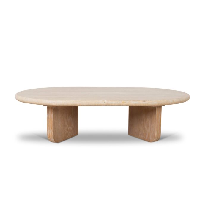 Alden 1.2m Oval Travertine Coffee Table, Natural Stone, Oak Legs, Elegant Centerpiece