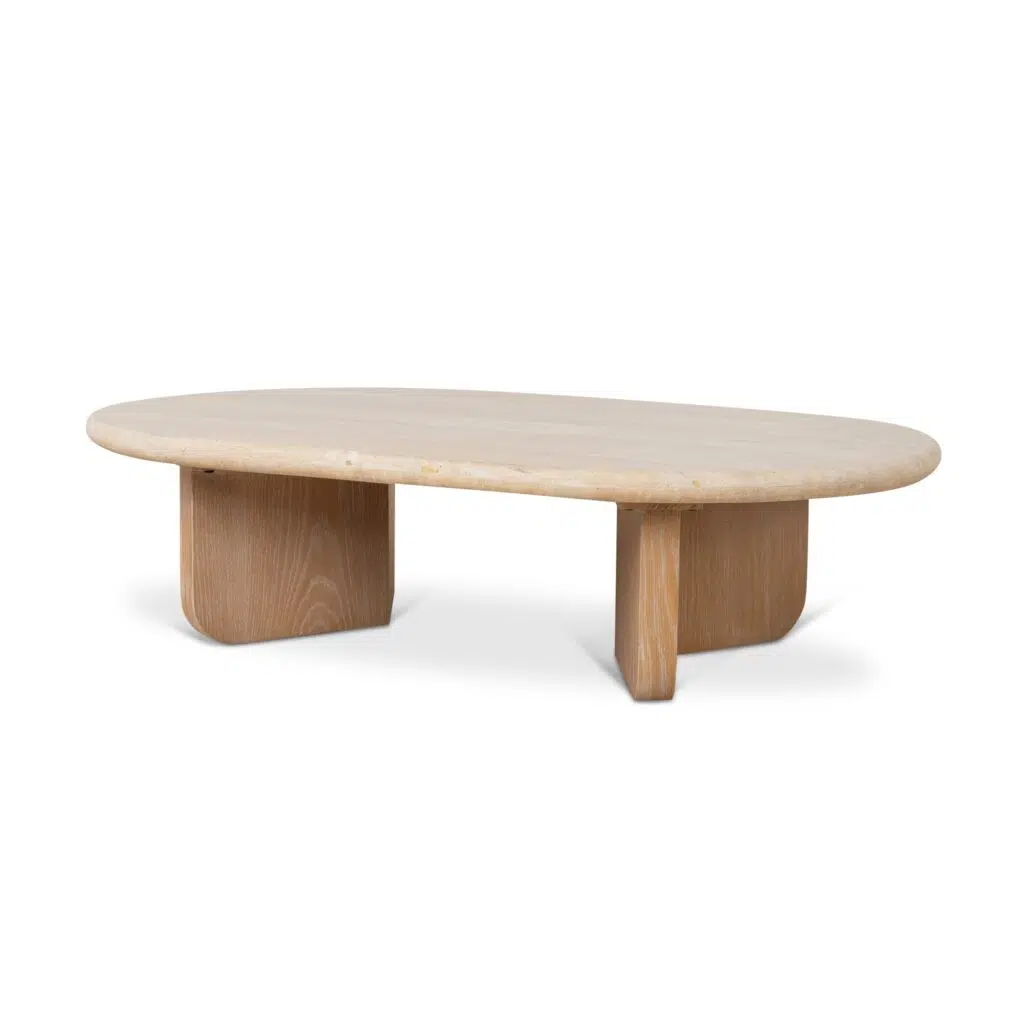 Alden 1.2m travertine coffee table, oval, natural stone, sleek design, durable oak legs, spacious top, easy assembly.