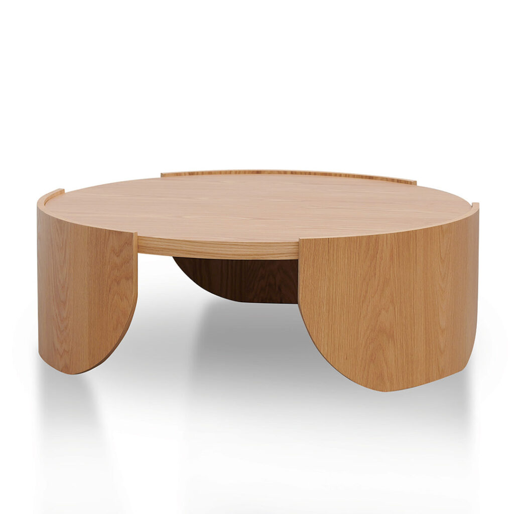 Eli 1.1m Round Coffee Table Natural Veneer Modern Sleek Design Stable Tri-base Living Room Furniture