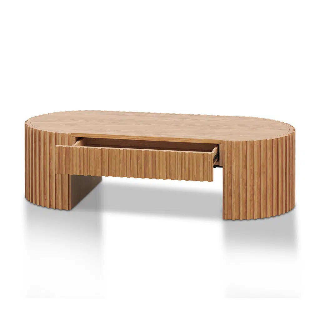 Natural Oak 1.3m Coffee Table, Reed Design, Drawer, Stable Base