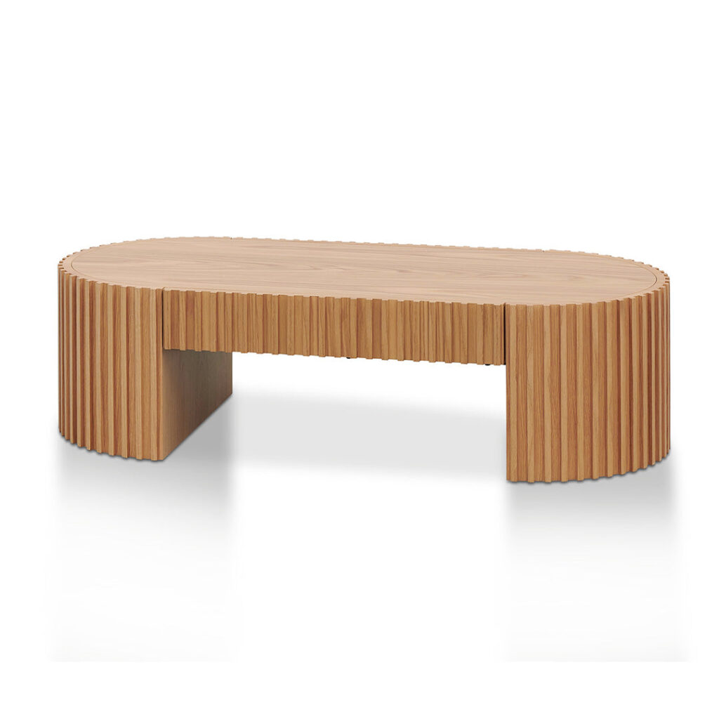 Natural Oak 1.3m Coffee Table, Reed Design, Drawer, Stable Base