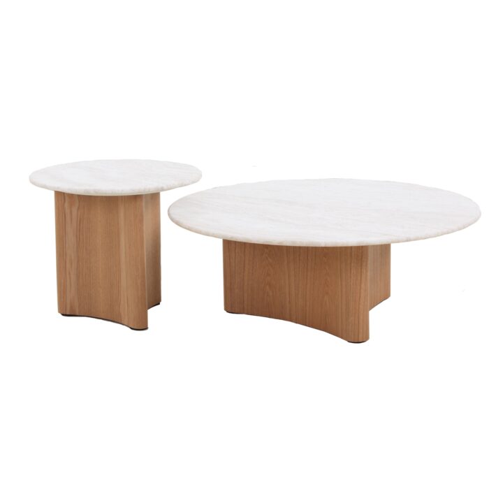 Nested marble coffee table set, wood and stone, natural, spacious, elegant design, easy assembly, durable, MDF, ash veneer, unique marble veining.
