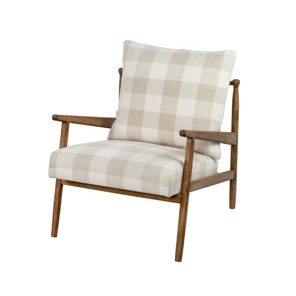 Caleb Chair, white & beige, farmhouse style, gingham fabric, wooden frame, versatile decor