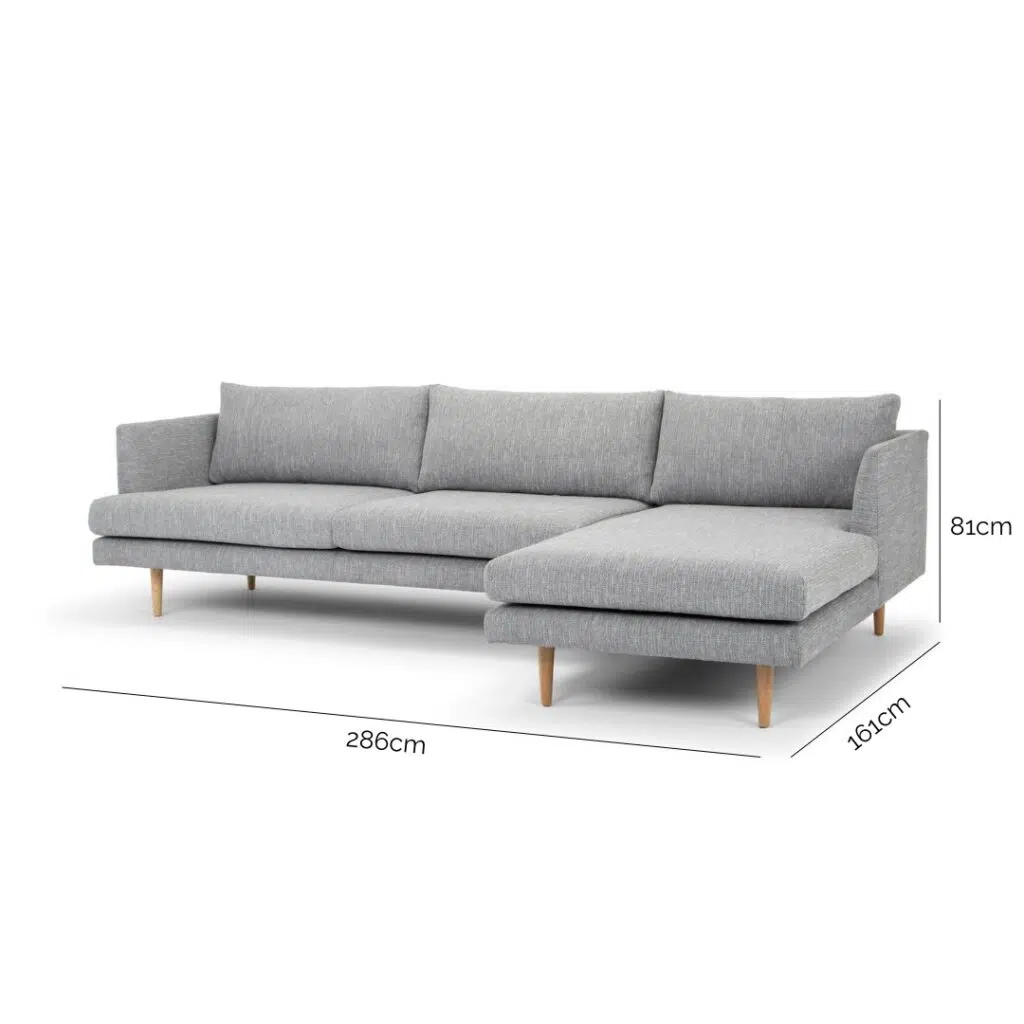 Scandinavian 3-seater sofa with right chaise, graphite grey, natural legs