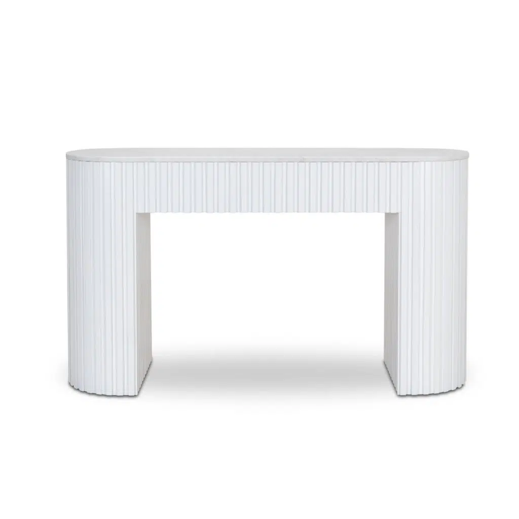 Elegant white marble console table, 1.5m, sturdy elm legs, minimalist design, fits entryway or living room.