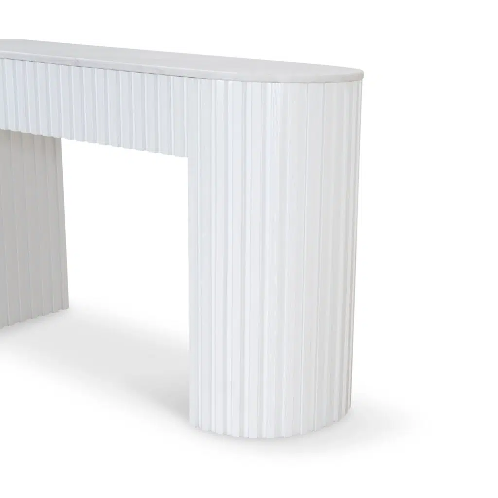 Elegant white marble console table, 1.5m, sturdy elm legs, minimalist design, fits entryway or living room.