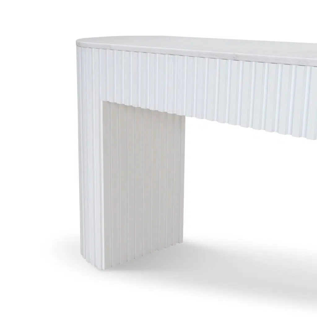 Elegant white marble console table, 1.5m, sturdy elm legs, minimalist design, fits entryways and living spaces.