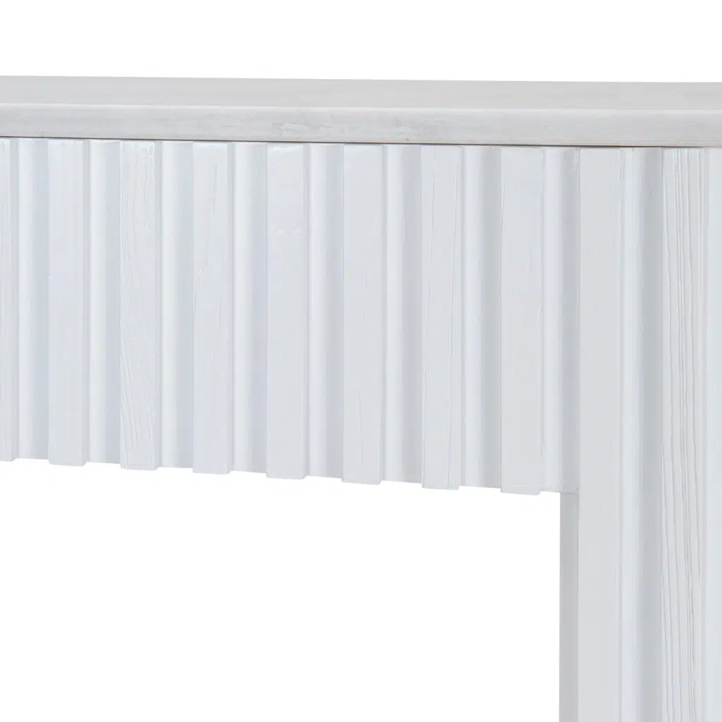 Elegant white marble console table, 1.5m, sturdy elm legs, minimalist design, fits entryway or living room.