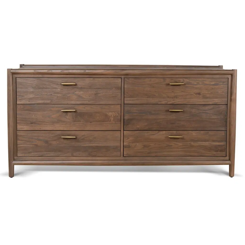 Walnut 6-drawer chest, polished brass handles, sleek design