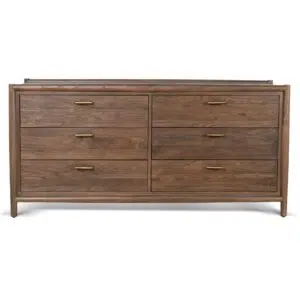 Walnut 6-drawer chest, polished brass handles, sleek design