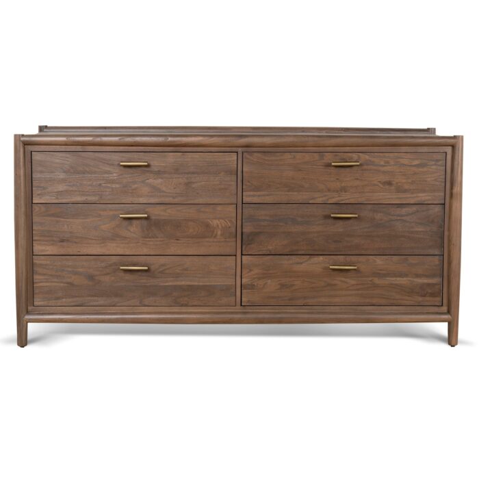 Walnut 6-drawer chest, polished brass handles, sleek design