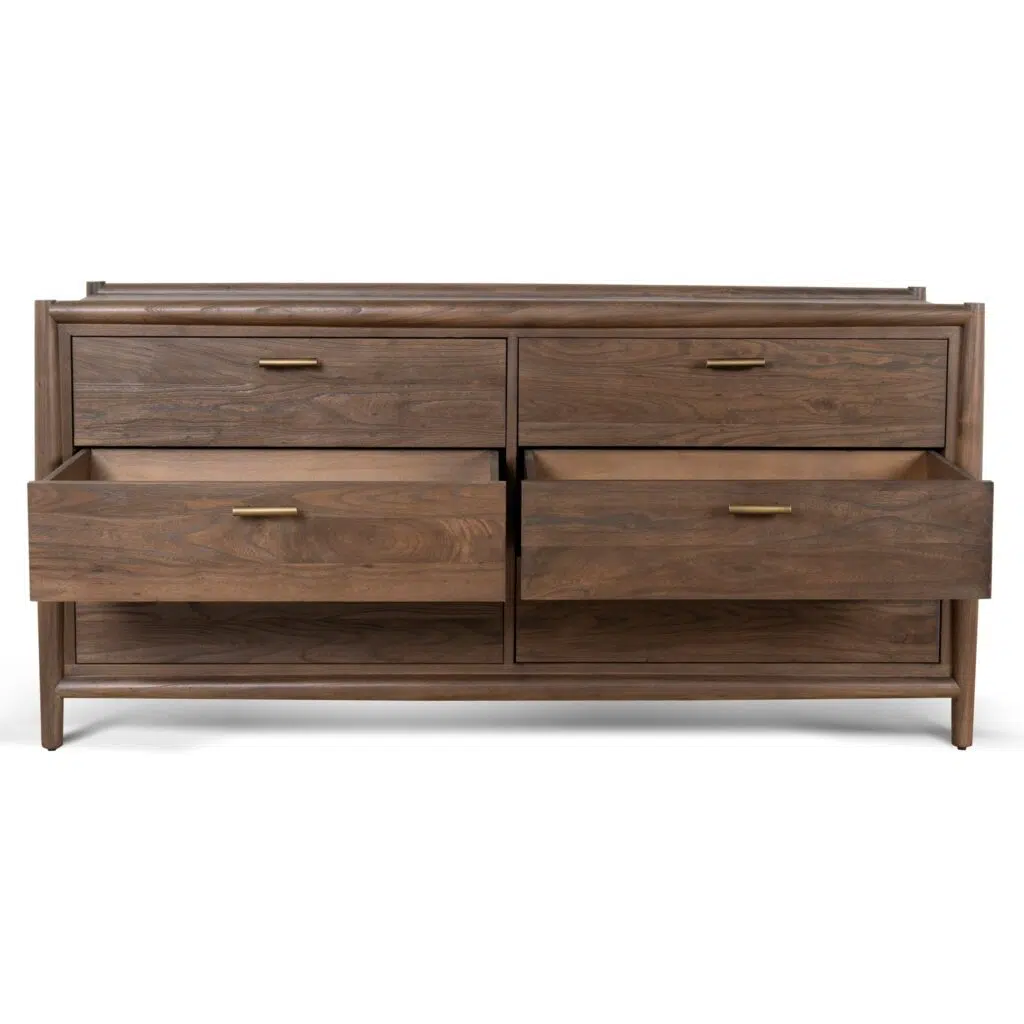 Walnut 6-drawer chest, brass handles, elm legs