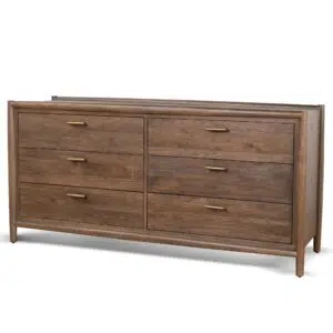 Walnut 6-drawer chest, brass handles, elm legs