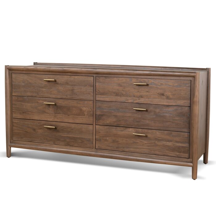 Walnut 6-drawer chest, brass handles, elm legs