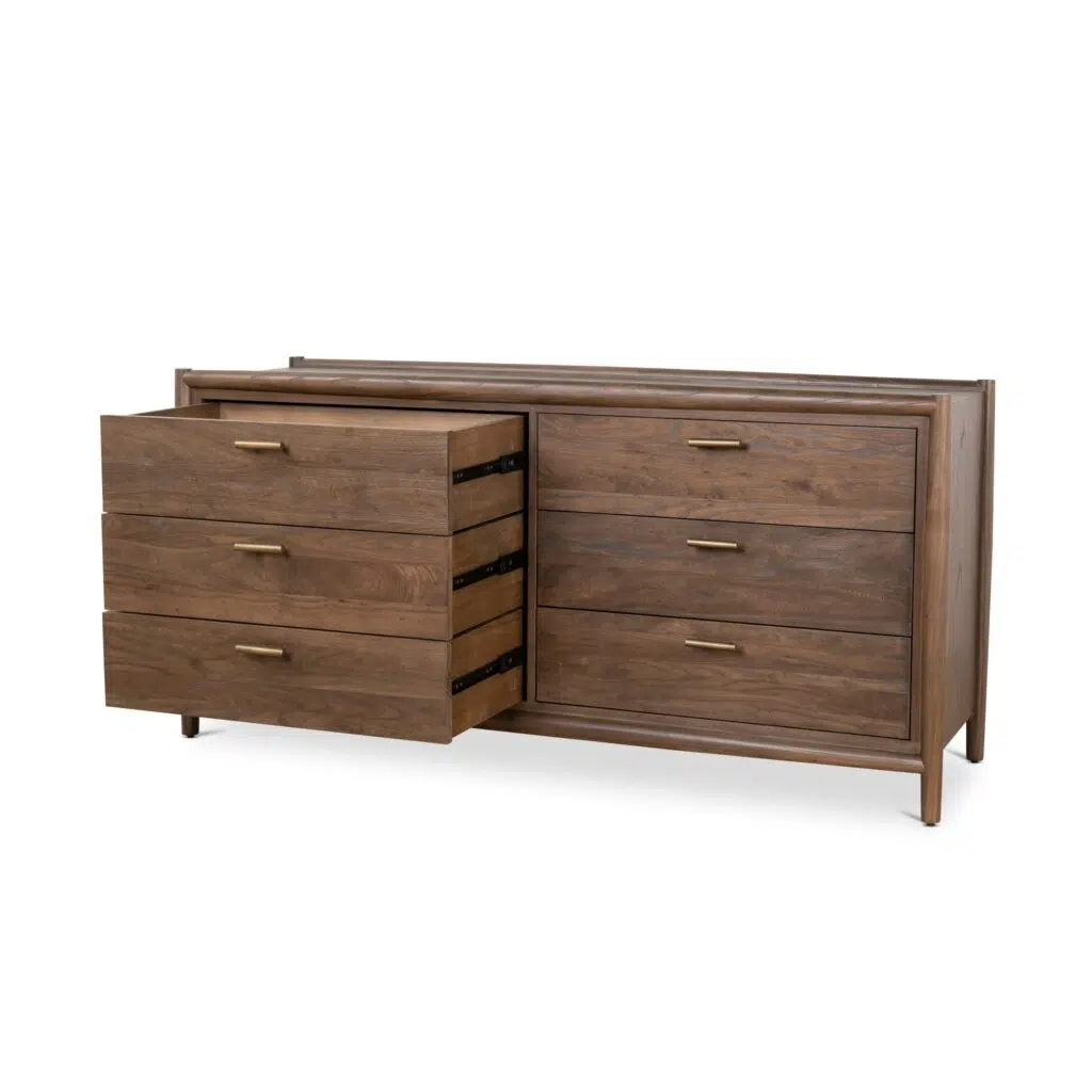 Walnut 6-drawer chest, sleek brass handles, solid wood legs