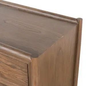 Walnut 6-drawer chest, sleek brass handles, solid wood legs