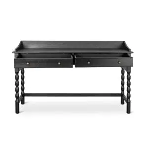 Wren black console table, sleek design, solid ash legs, spacious top, 2 drawers, perfect for entryway or office.