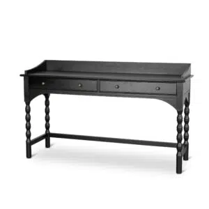 Wren black console table, sleek design, solid ash legs, spacious top, 2 drawers, perfect for entryway or office.