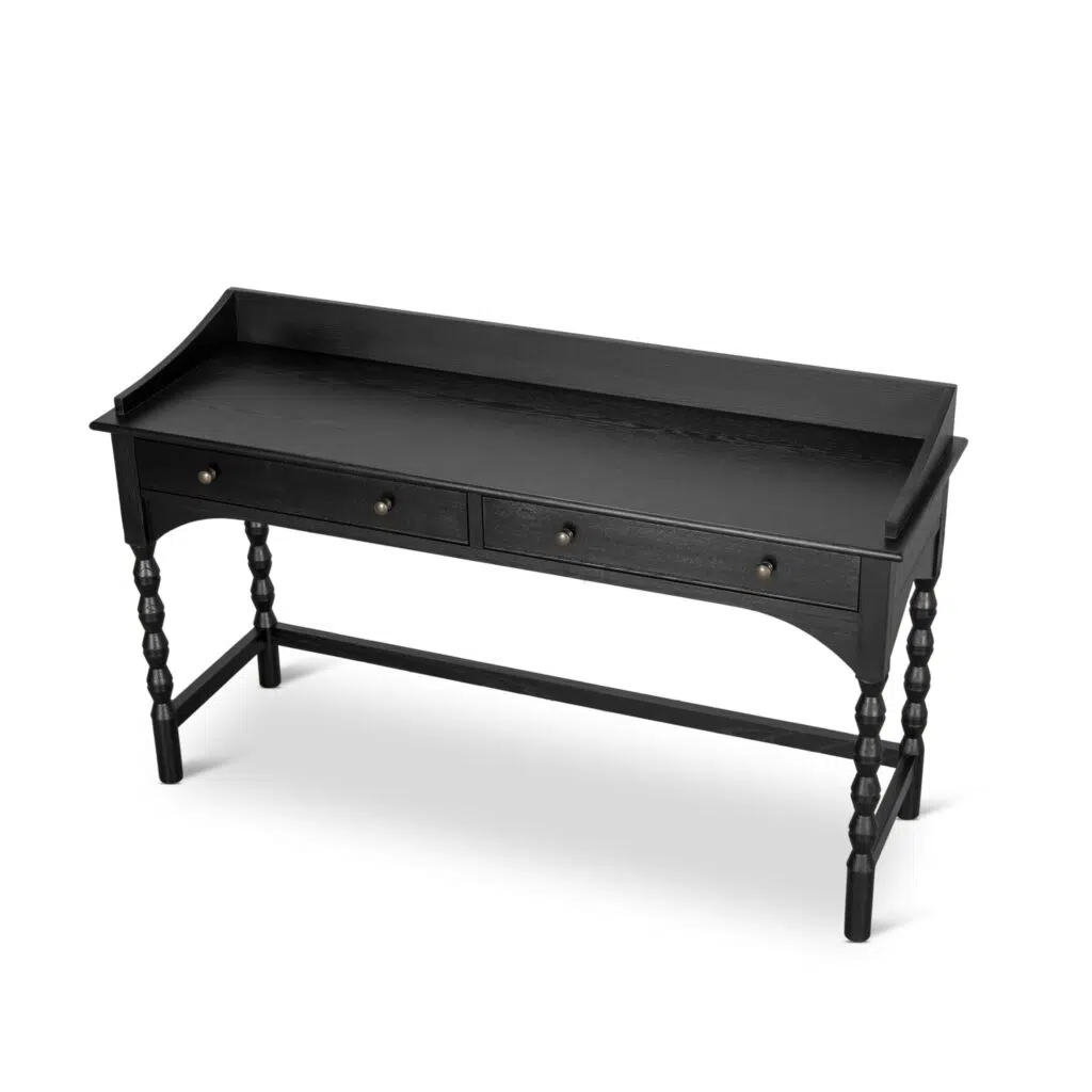Wren black console table, sleek design, solid ash legs, spacious top, 2 drawers, perfect for entryway or office.