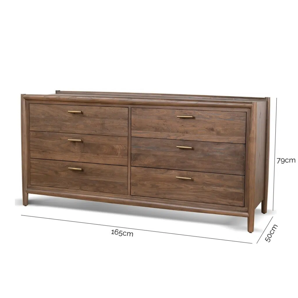 Walnut 6-drawer chest with brass handles