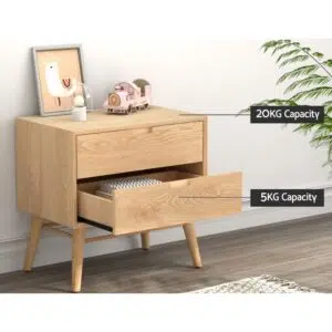 Gino Oak Bedside Table with Storage Drawers, Rustic-Scandinavian Style, 60x40x58cm