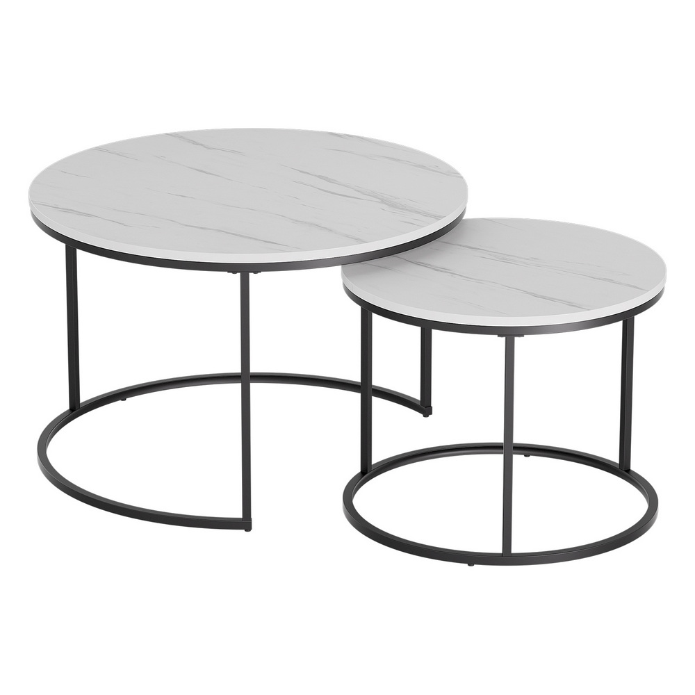 Marble effect nesting coffee table set, white and black, durable metal frame, space-saving design