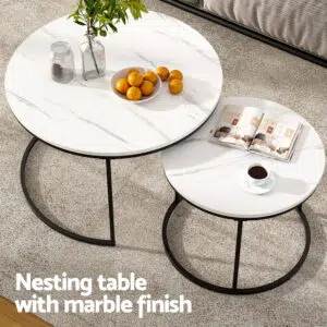 Marble effect nesting coffee table set, white & black, space-saving design