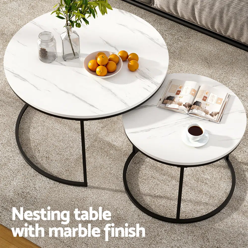 Marble effect nesting coffee table set, white & black, space-saving design