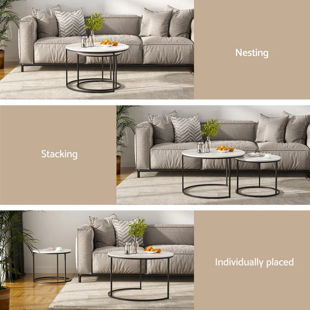 Marble effect nesting coffee table set, durable metal frame, space-saving design