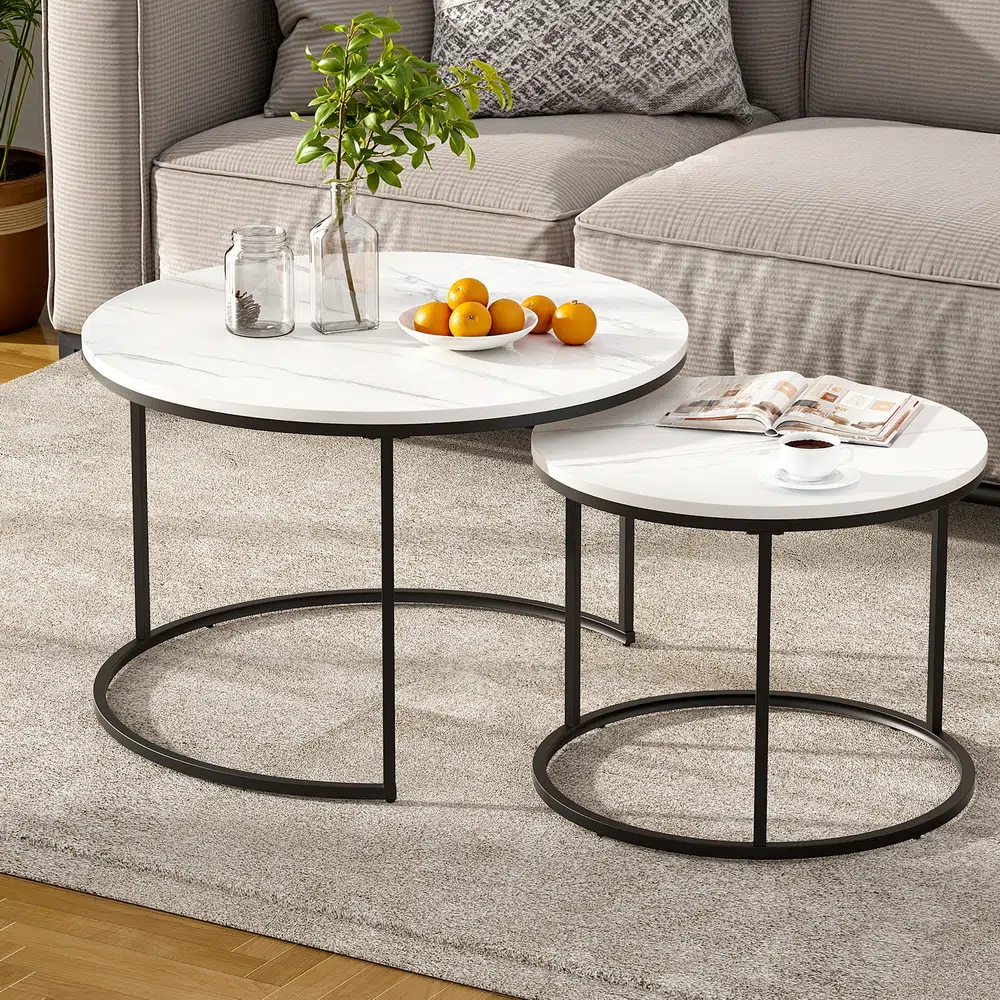 Marble effect nesting coffee table set, white & black, durable metal frame, space-saving design