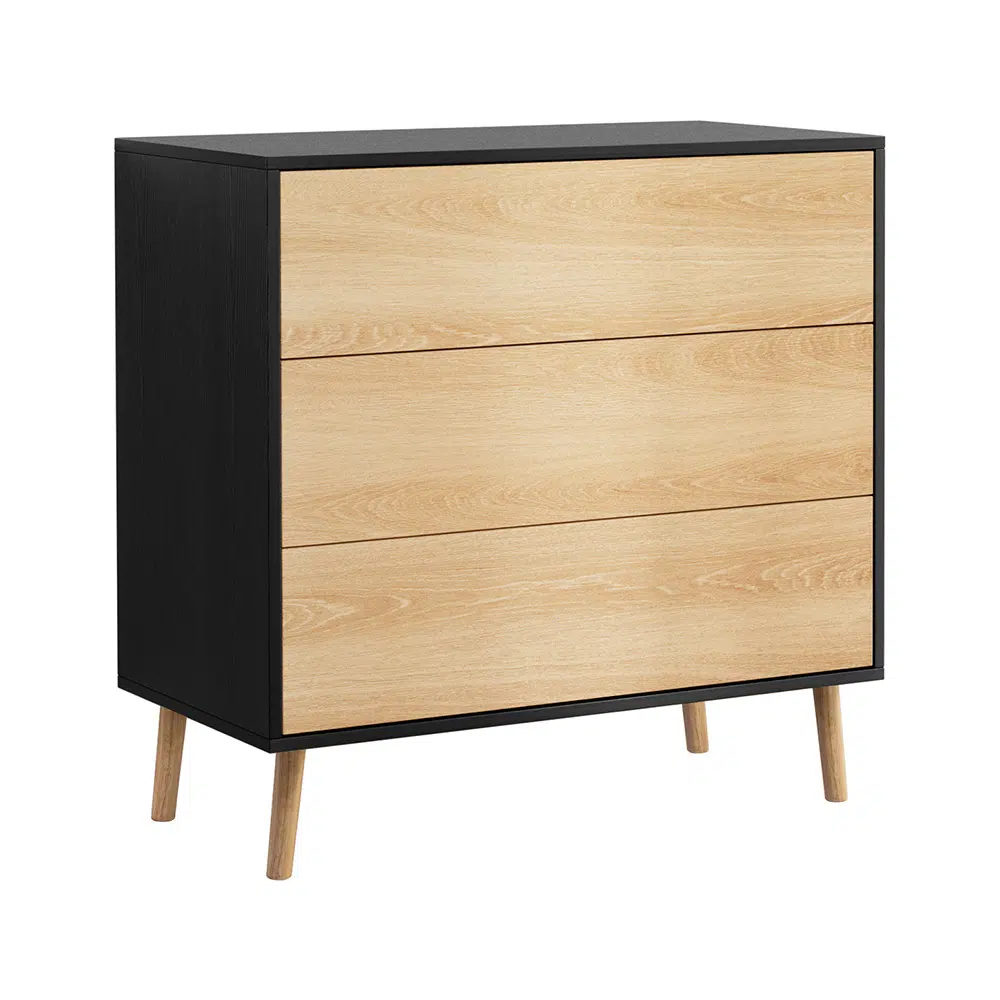Black Mason 3-drawer pine dresser, sturdy, spacious, easy open, compact design.