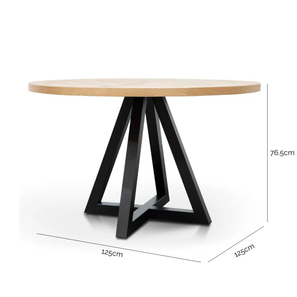 Round dining table in oak, black legs, assembled
