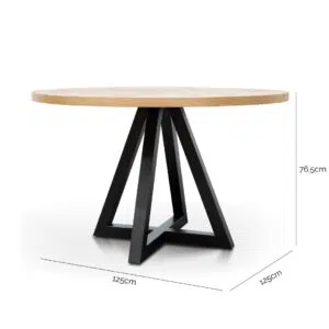 Round dining table in oak, black legs, assembled