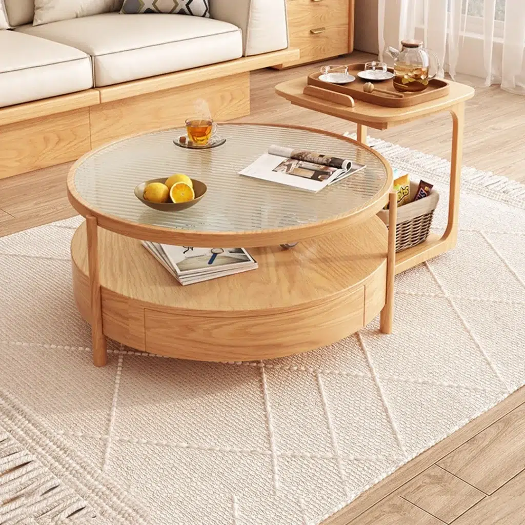 Sophie Coffee Table NATURAL wood finish, glass top, storage shelf, drawer, modern design